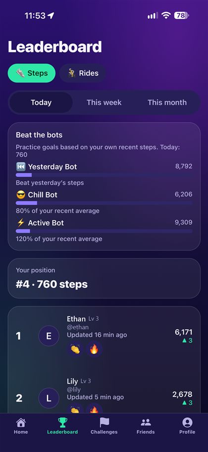 Stridely leaderboard screen with daily, weekly, and monthly steps