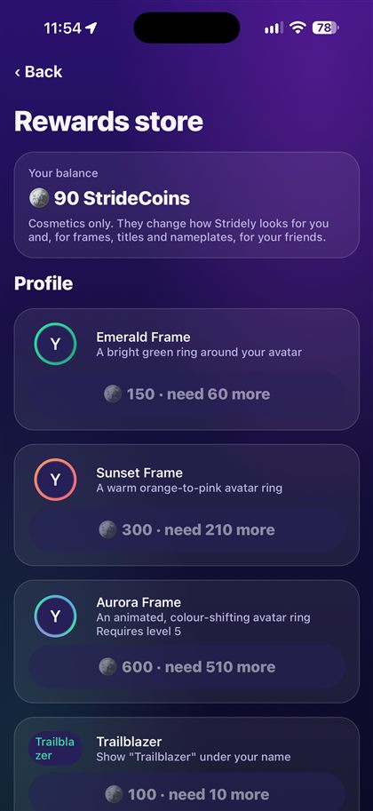 Stridely rewards screen